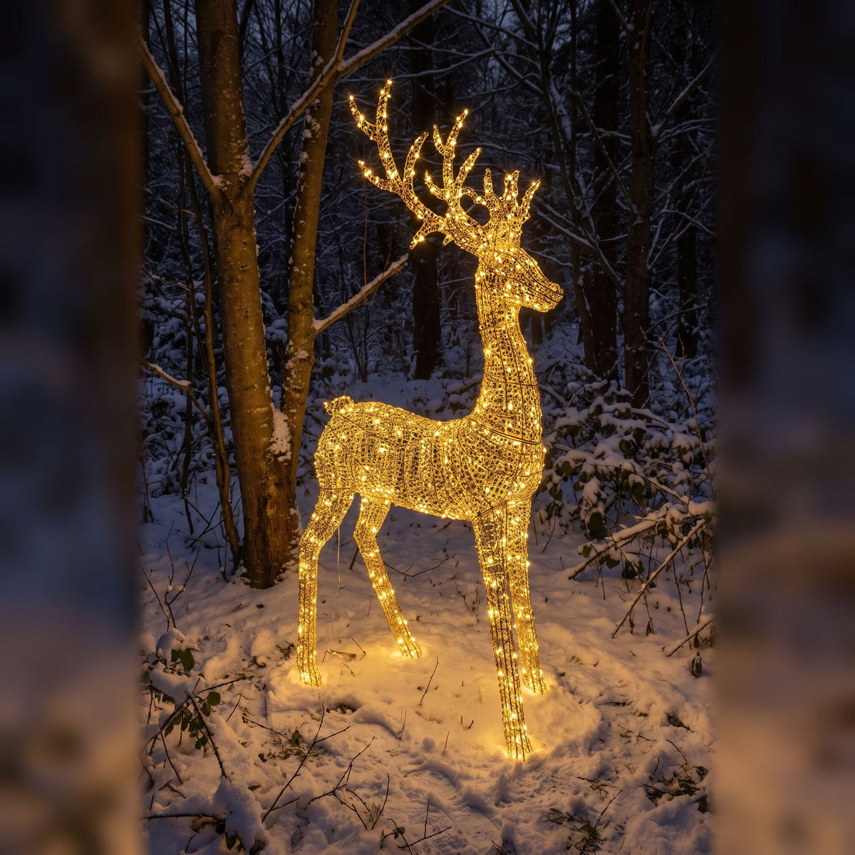 Pre-Lit Christmas Gold Curly Standing Stag 2.7m with 5200 Warm White LED Micro-Lights