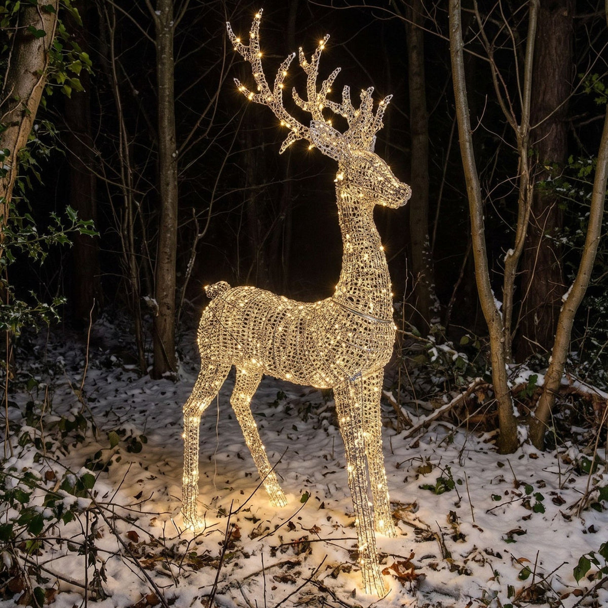 Pre-Lit Christmas Silver Curly Standing Stag 2.7m with 5200 Warm White LED Micro-Lights