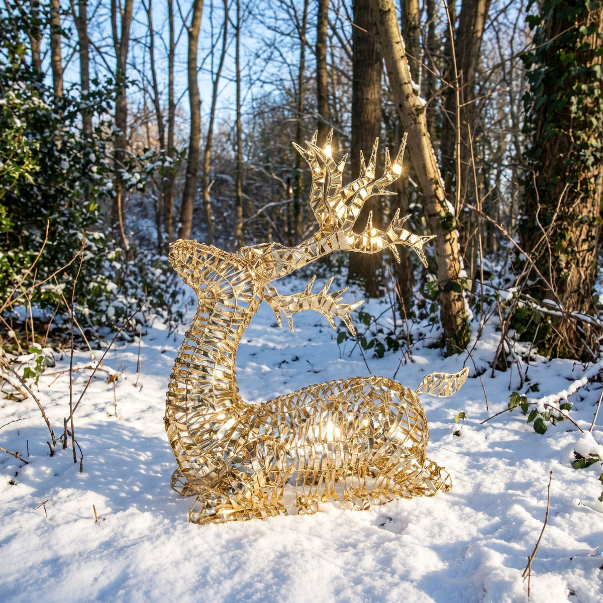 Pre-Lit Christmas Gold Laser Sitting Deer 90cm with 960 Warm White LED Lights