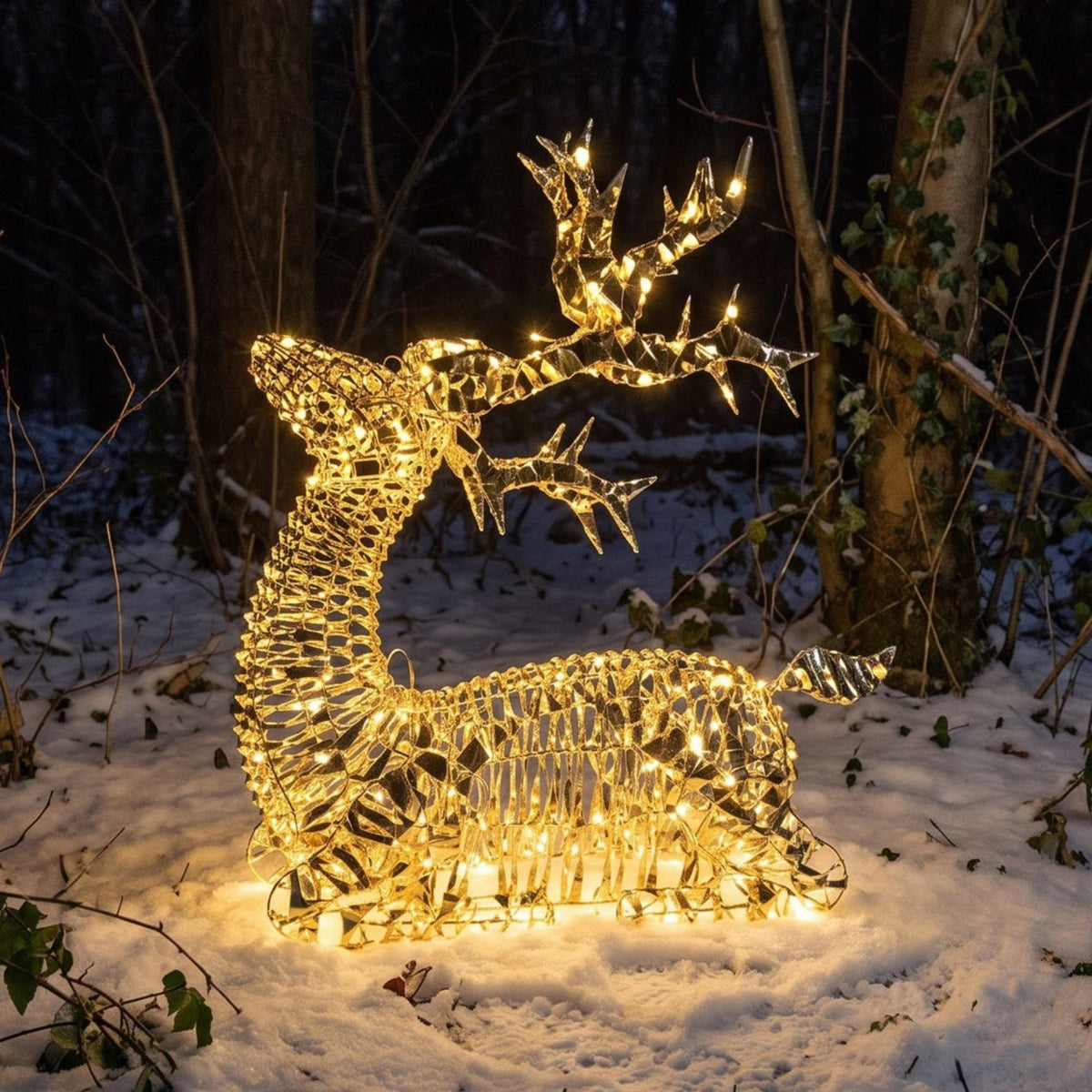 Pre-Lit Christmas Gold Laser Sitting Deer 90cm with 960 Warm White LED Lights