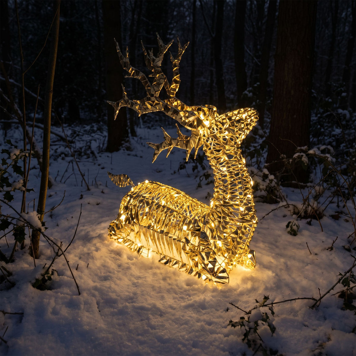 Pre-Lit Christmas Gold Laser Sitting Deer 90cm with 960 Warm White LED Lights