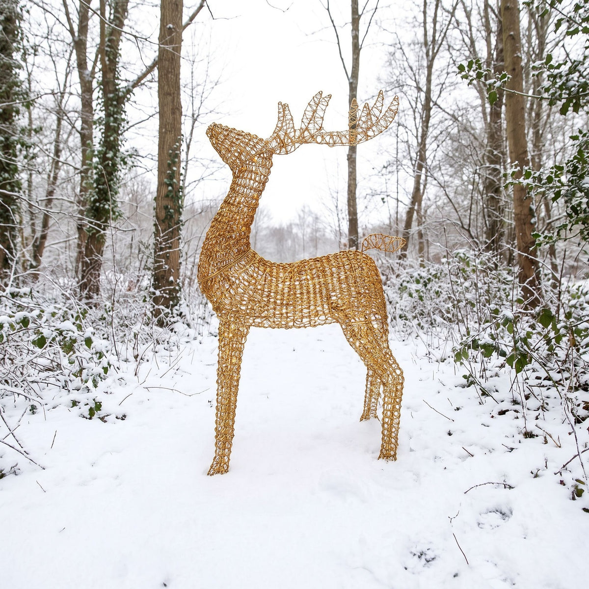 Pre-Lit Christmas Gold Curly Standing Stag 1.4m with 1440 Warm White LED Micro-Lights
