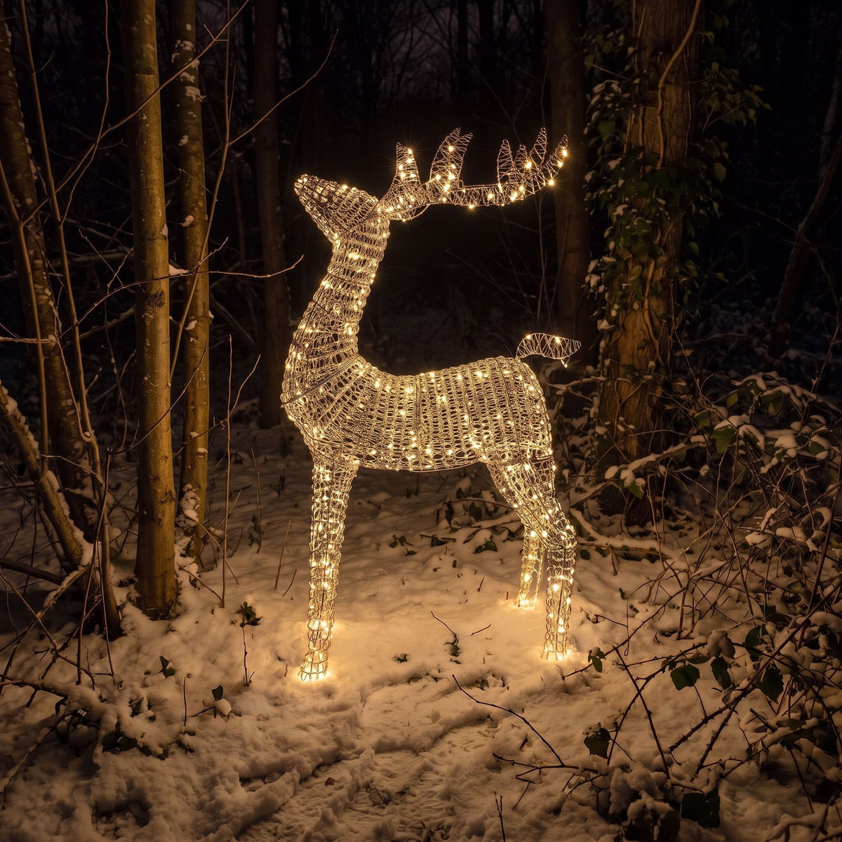Pre-Lit Christmas Silver Curly Standing Stag 1.4m with 1440 Warm White LED Micro-Lights