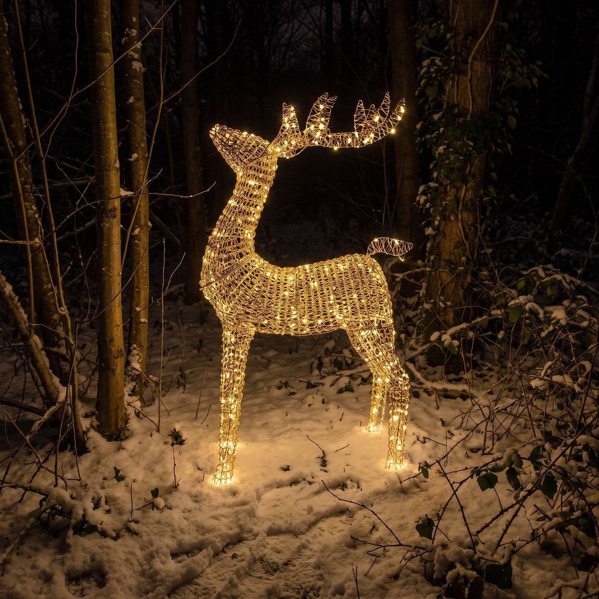Pre-Lit Christmas Gold Curly Standing Stag 1.4m with 1440 Warm White LED Micro-Lights