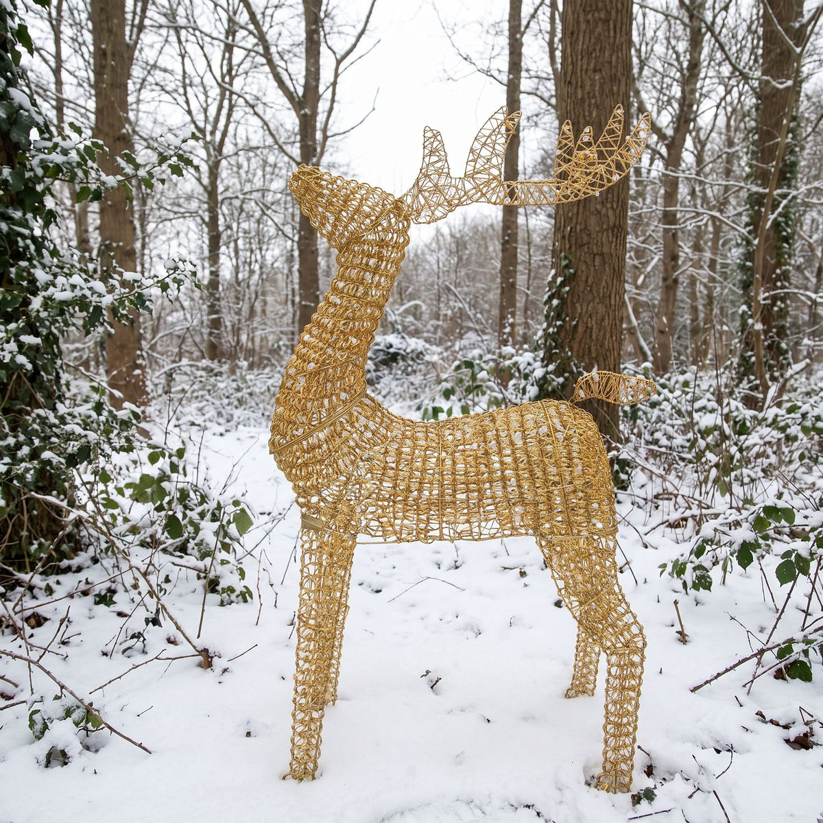 Pre-Lit Christmas Gold Curly Standing Stag 1.4m with 1440 Warm White LED Micro-Lights