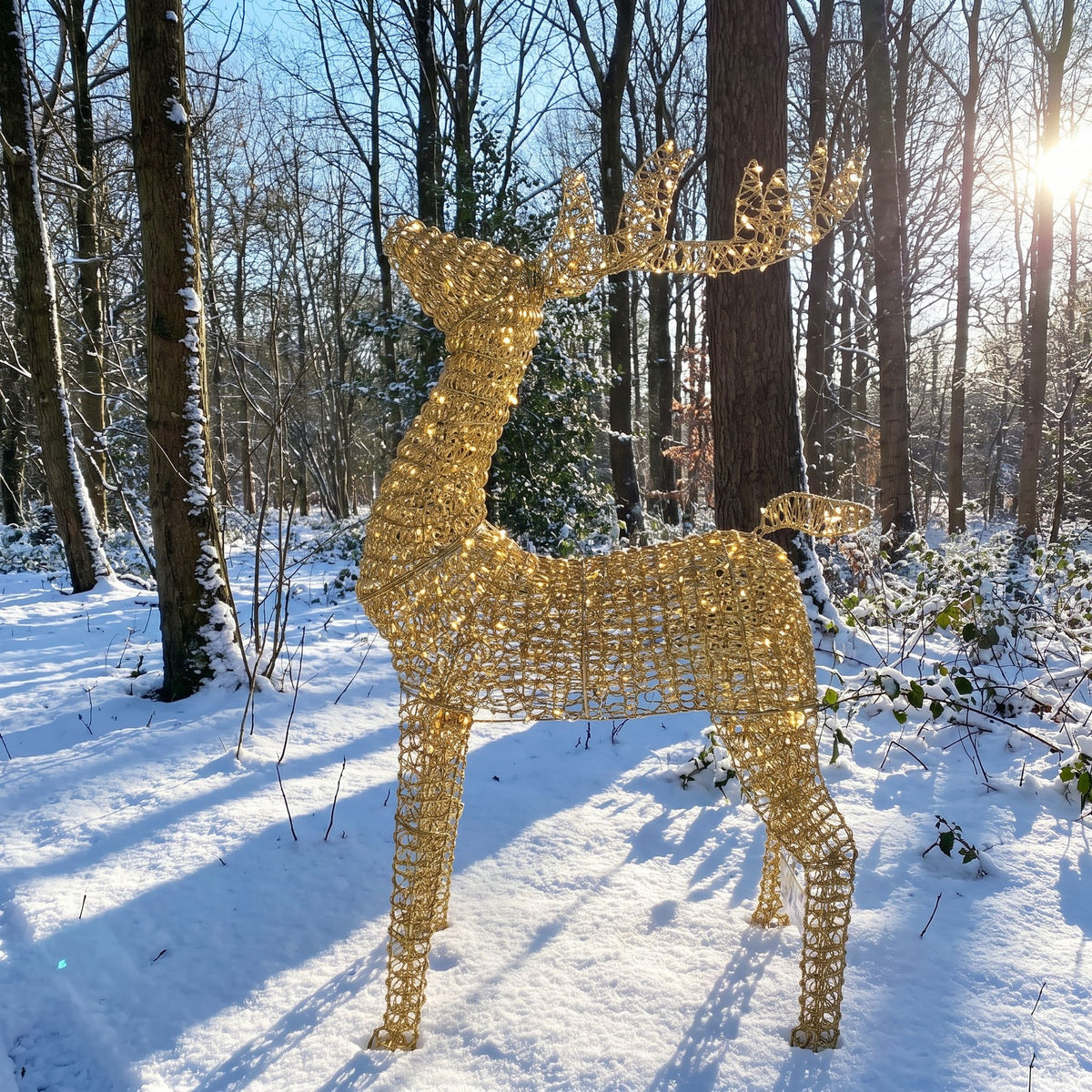 Pre-Lit Christmas Gold Curly Standing Stag 1.4m with 1440 Warm White LED Micro-Lights