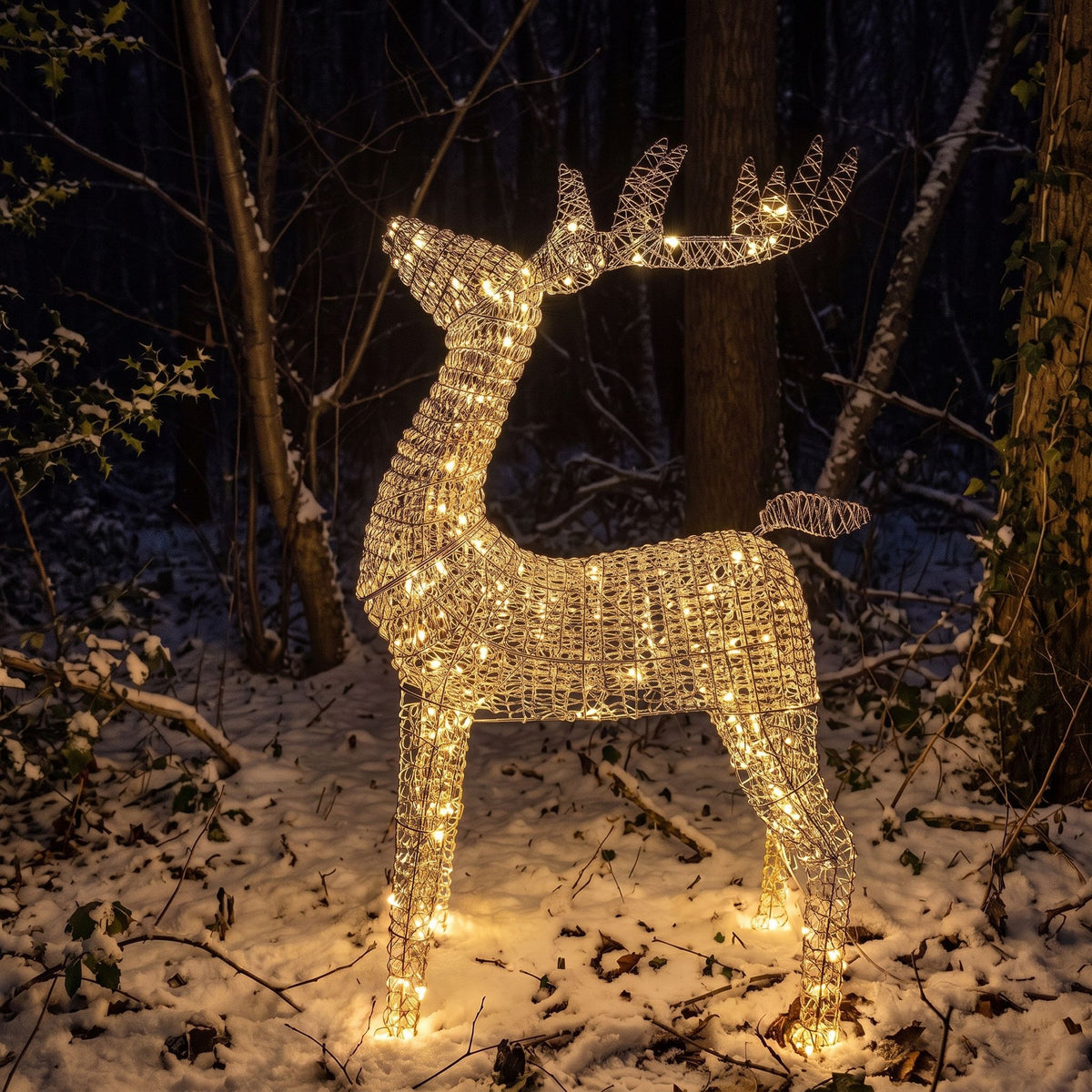 Pre-Lit Christmas Silver Curly Standing Stag 1.4m with 1440 Warm White LED Micro-Lights
