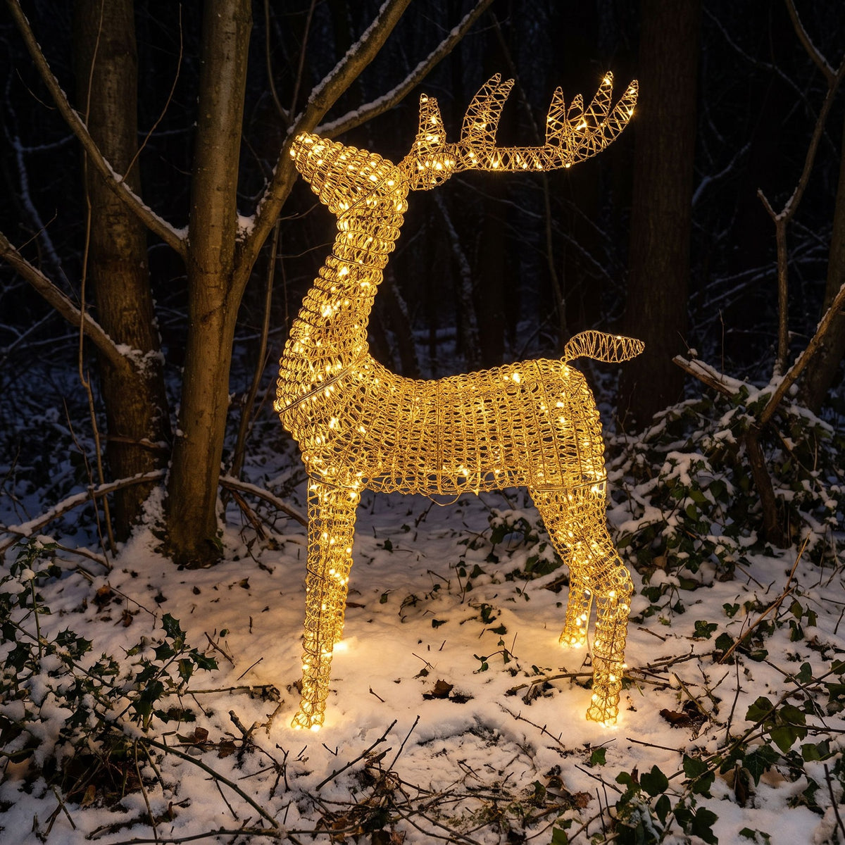 Pre-Lit Christmas Gold Curly Standing Stag 1.4m with 1440 Warm White LED Micro-Lights