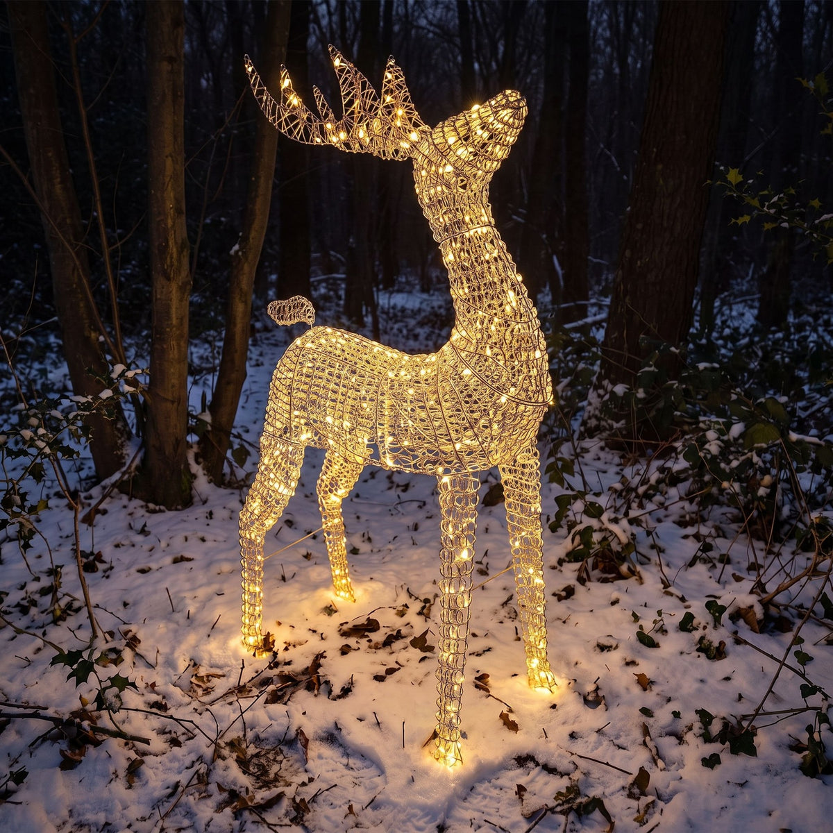 Pre-Lit Christmas Silver Curly Standing Stag 1.4m with 1440 Warm White LED Micro-Lights