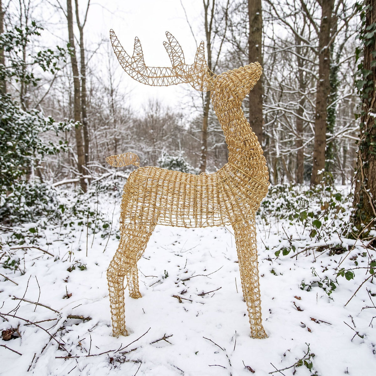 Pre-Lit Christmas Gold Curly Standing Stag 1.4m with 1440 Warm White LED Micro-Lights