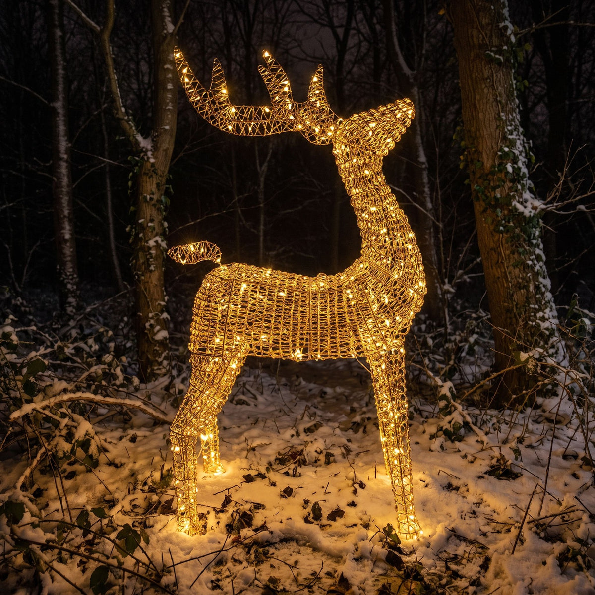 Pre-Lit Christmas Gold Curly Standing Stag 1.4m with 1440 Warm White LED Micro-Lights