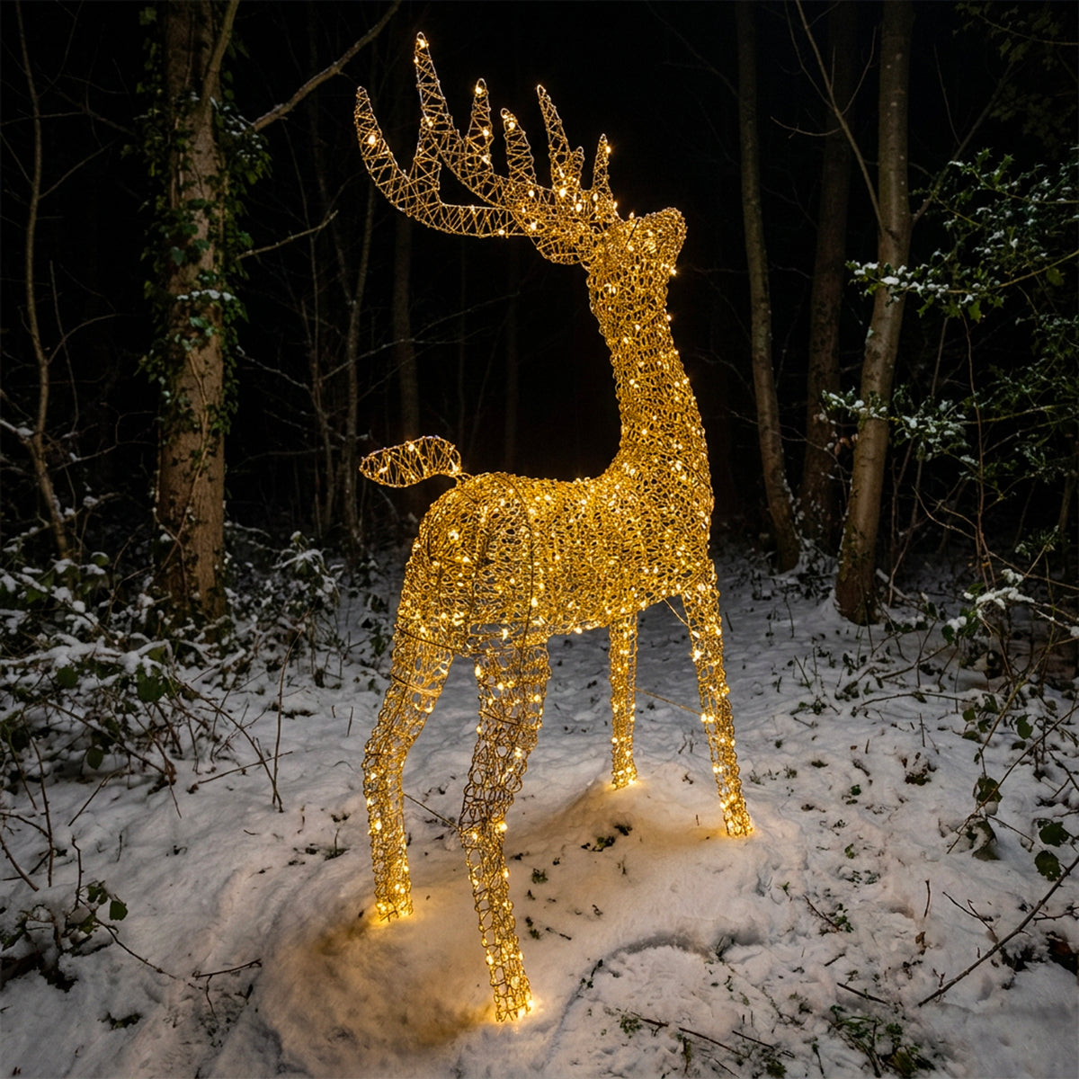 Pre-Lit Christmas Gold Curly Standing Stag 1.4m with 1440 Warm White LED Micro-Lights