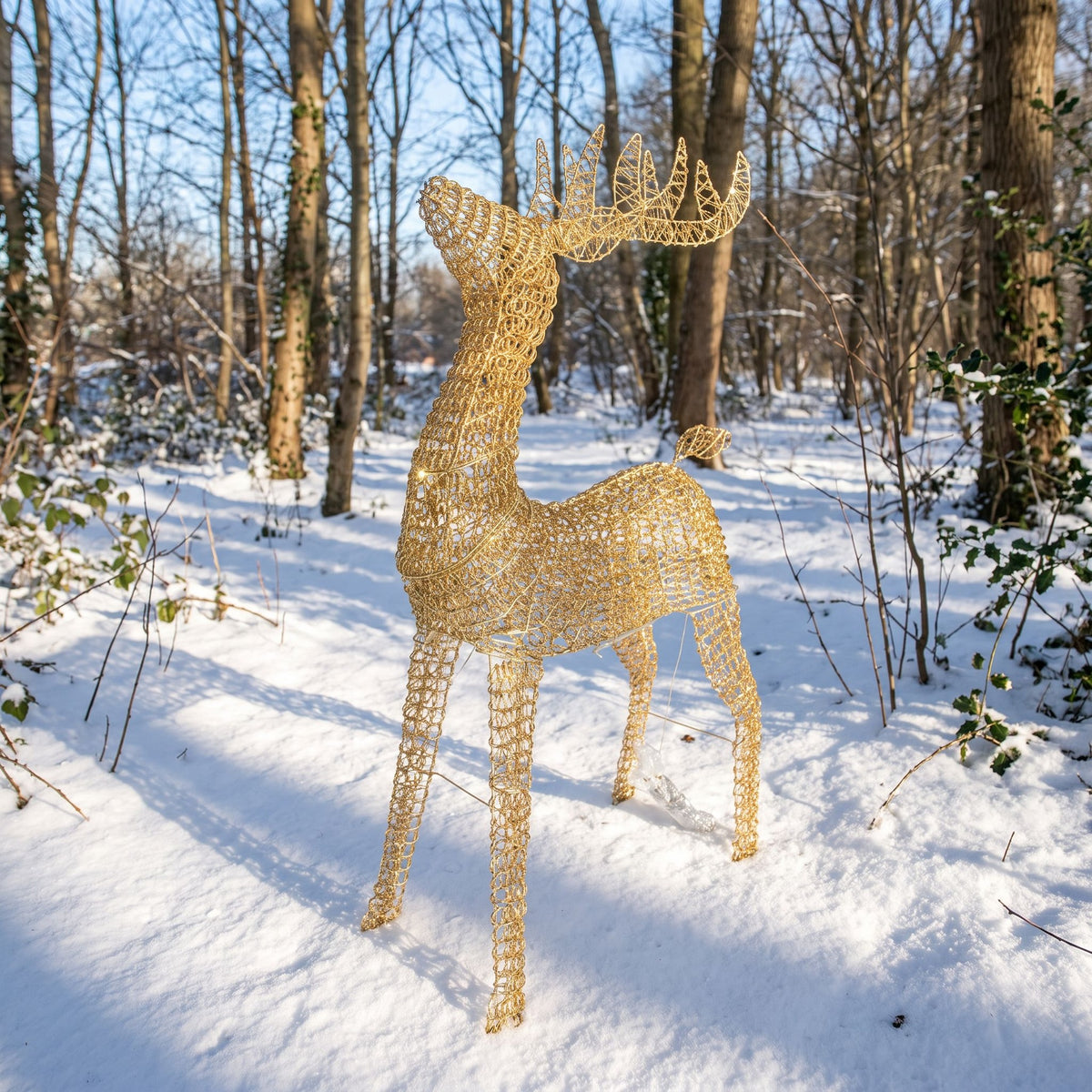 Pre-Lit Christmas Gold Curly Standing Stag 1.4m with 1440 Warm White LED Micro-Lights