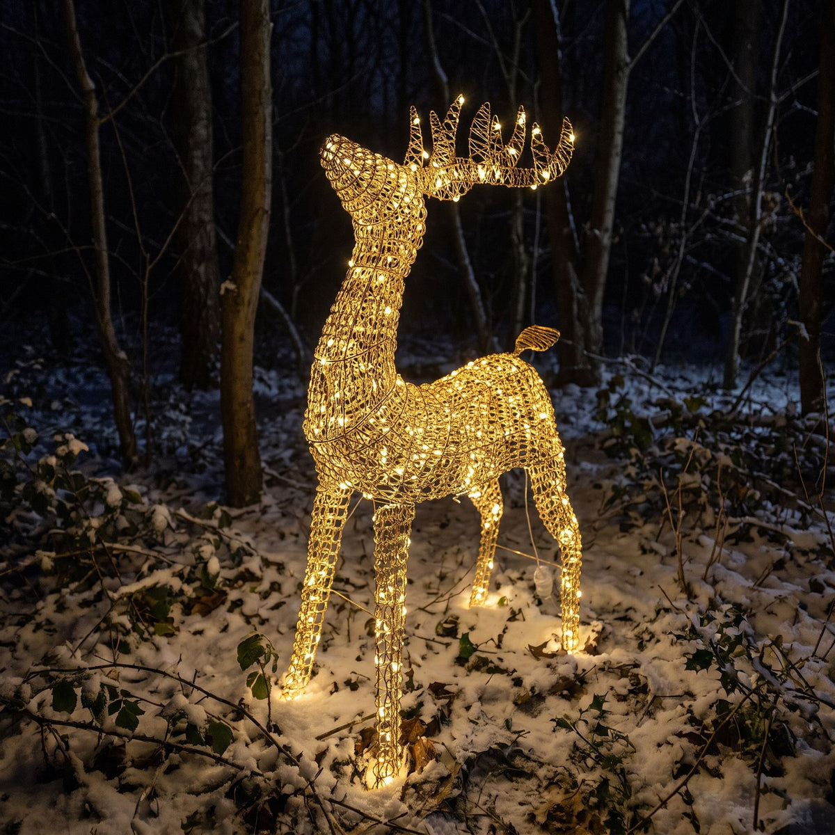 Pre-Lit Christmas Gold Curly Standing Stag 1.4m with 1440 Warm White LED Micro-Lights