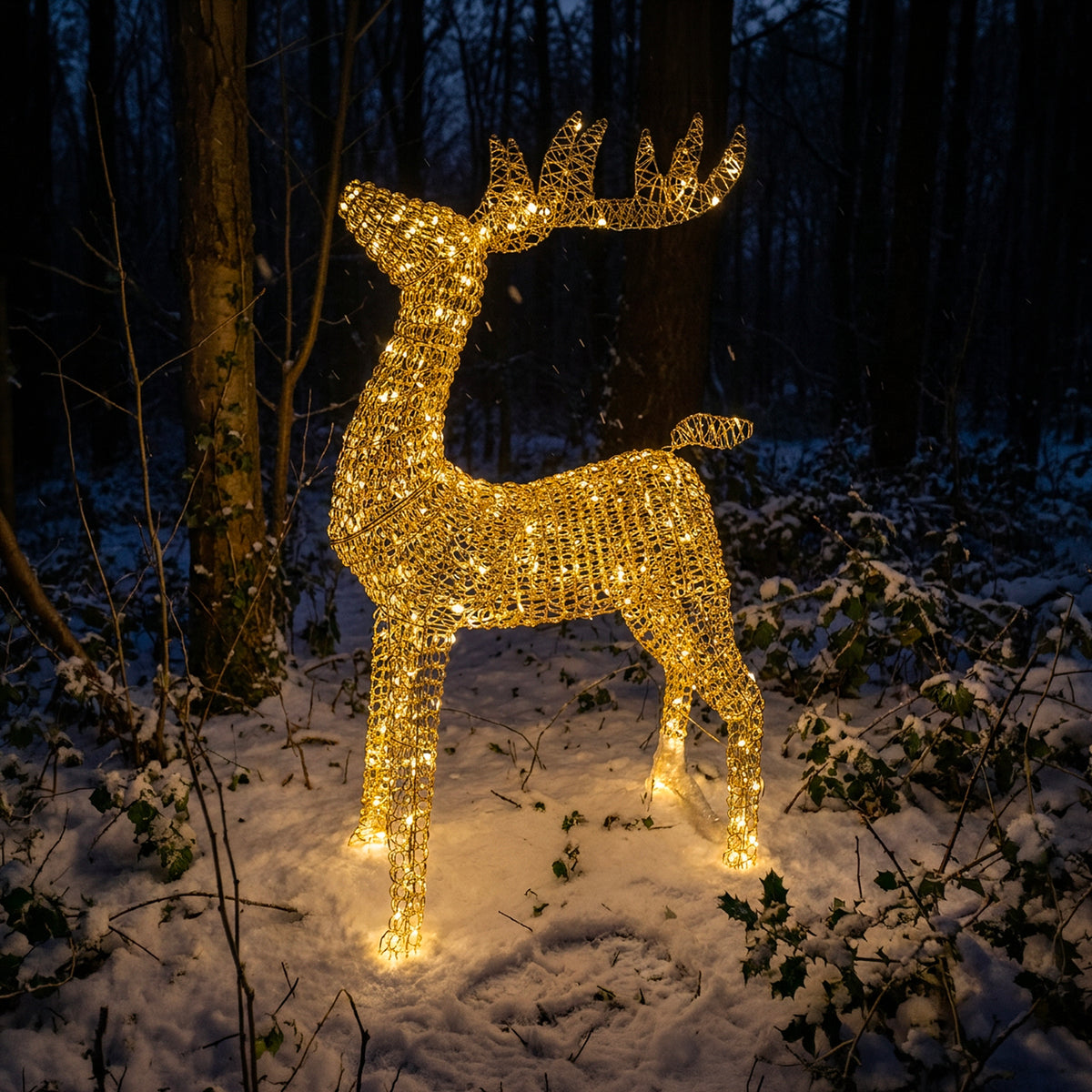 Pre-Lit Christmas Gold Curly Standing Stag 1.4m with 1440 Warm White LED Micro-Lights