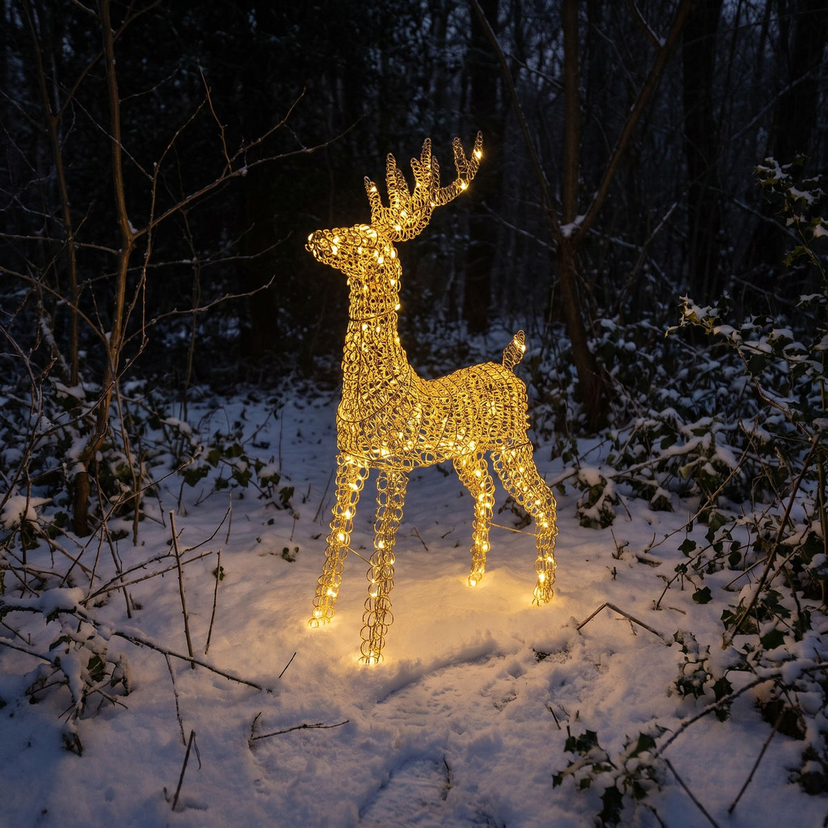 Pre-Lit Christmas Gold Curly Standing Stag 1m with 720 Warm White LED Micro-Lights