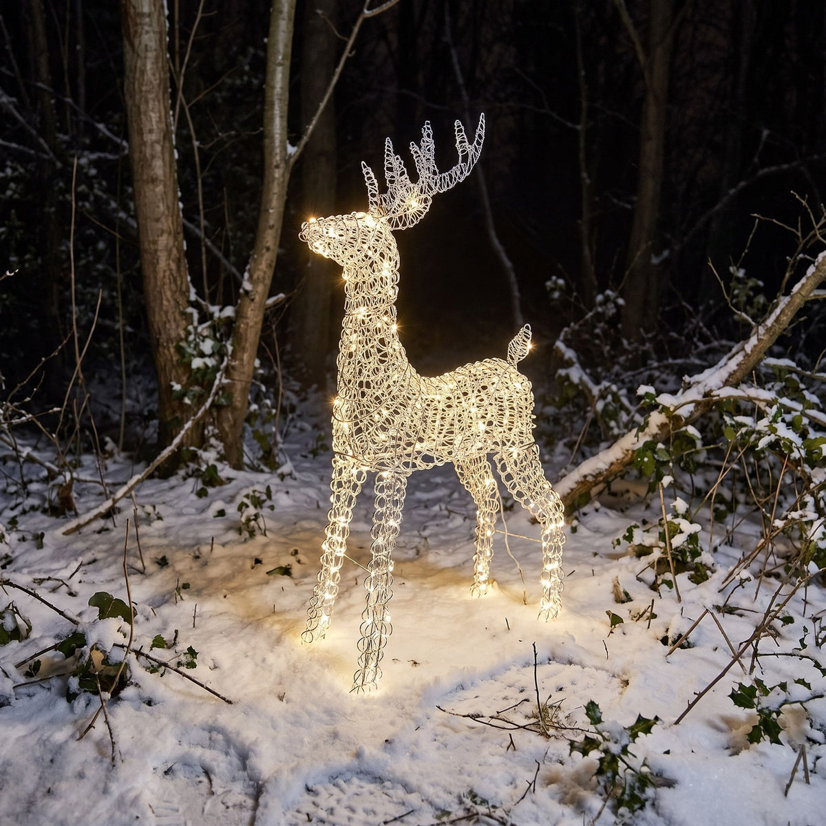 Pre-Lit Christmas Silver Curly Standing Stag 1m with 720 Warm White LED Micro-Lights
