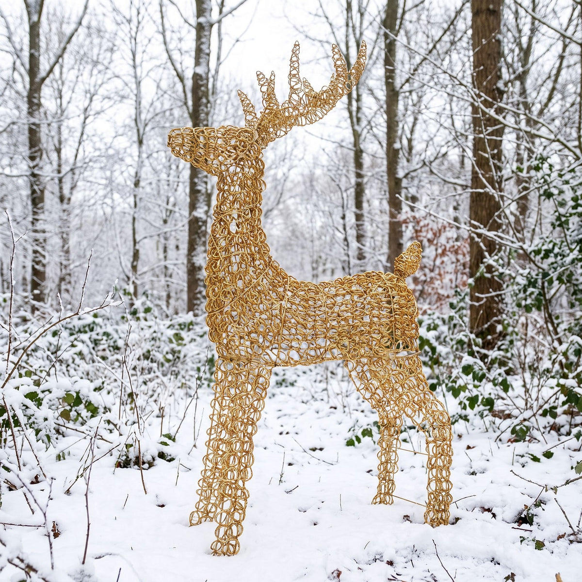 Pre-Lit Christmas Gold Curly Standing Stag 1m with 720 Warm White LED Micro-Lights