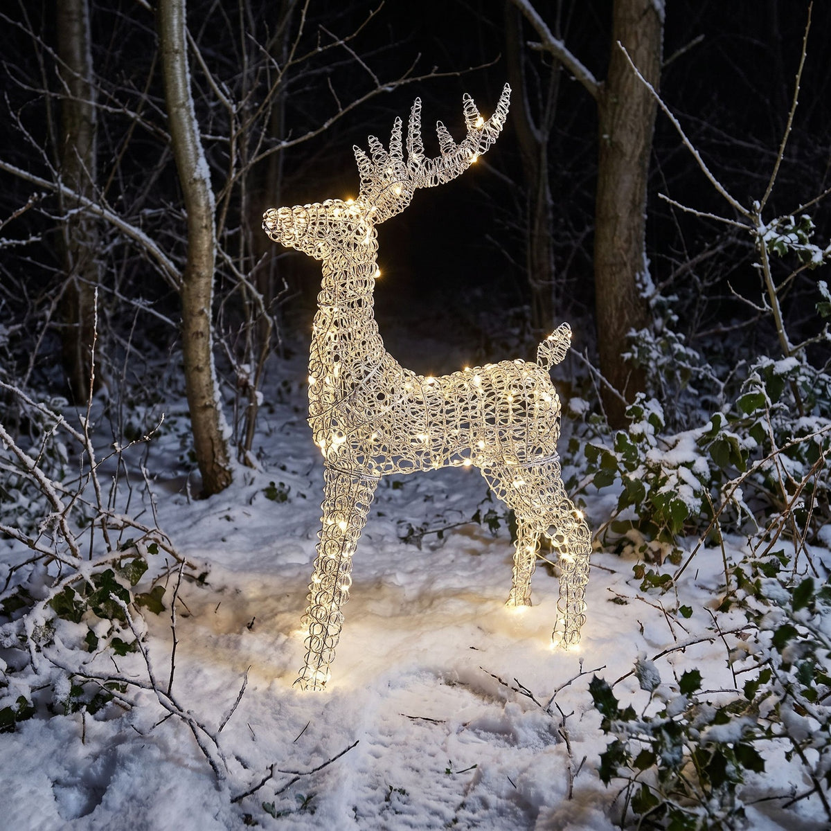 Pre-Lit Christmas Silver Curly Standing Stag 1m with 720 Warm White LED Micro-Lights