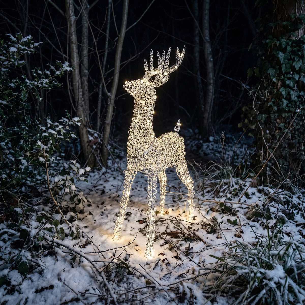 Pre-Lit Christmas Silver Curly Standing Stag 1m with 720 Warm White LED Micro-Lights