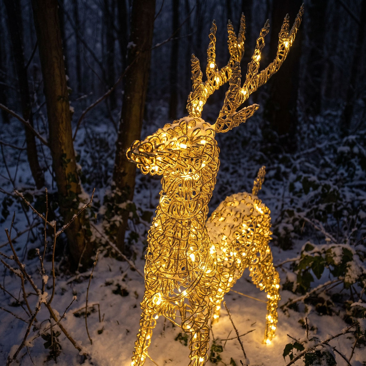 Pre-Lit Christmas Gold Curly Standing Stag 1m with 720 Warm White LED Micro-Lights