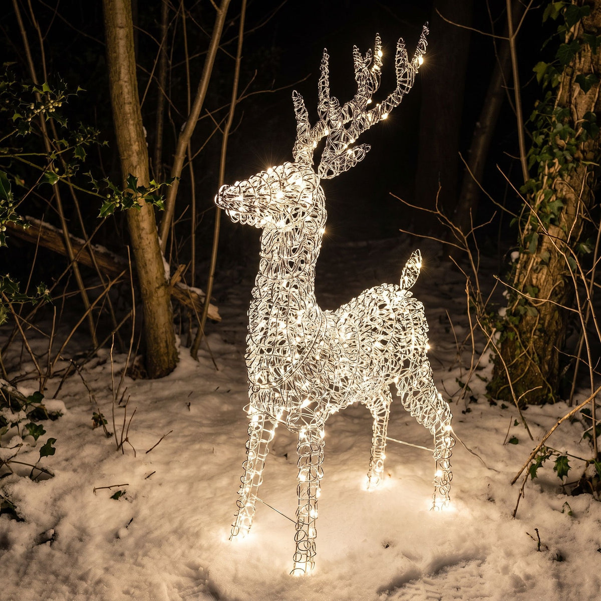 Pre-Lit Christmas Silver Curly Standing Stag 1m with 720 Warm White LED Micro-Lights
