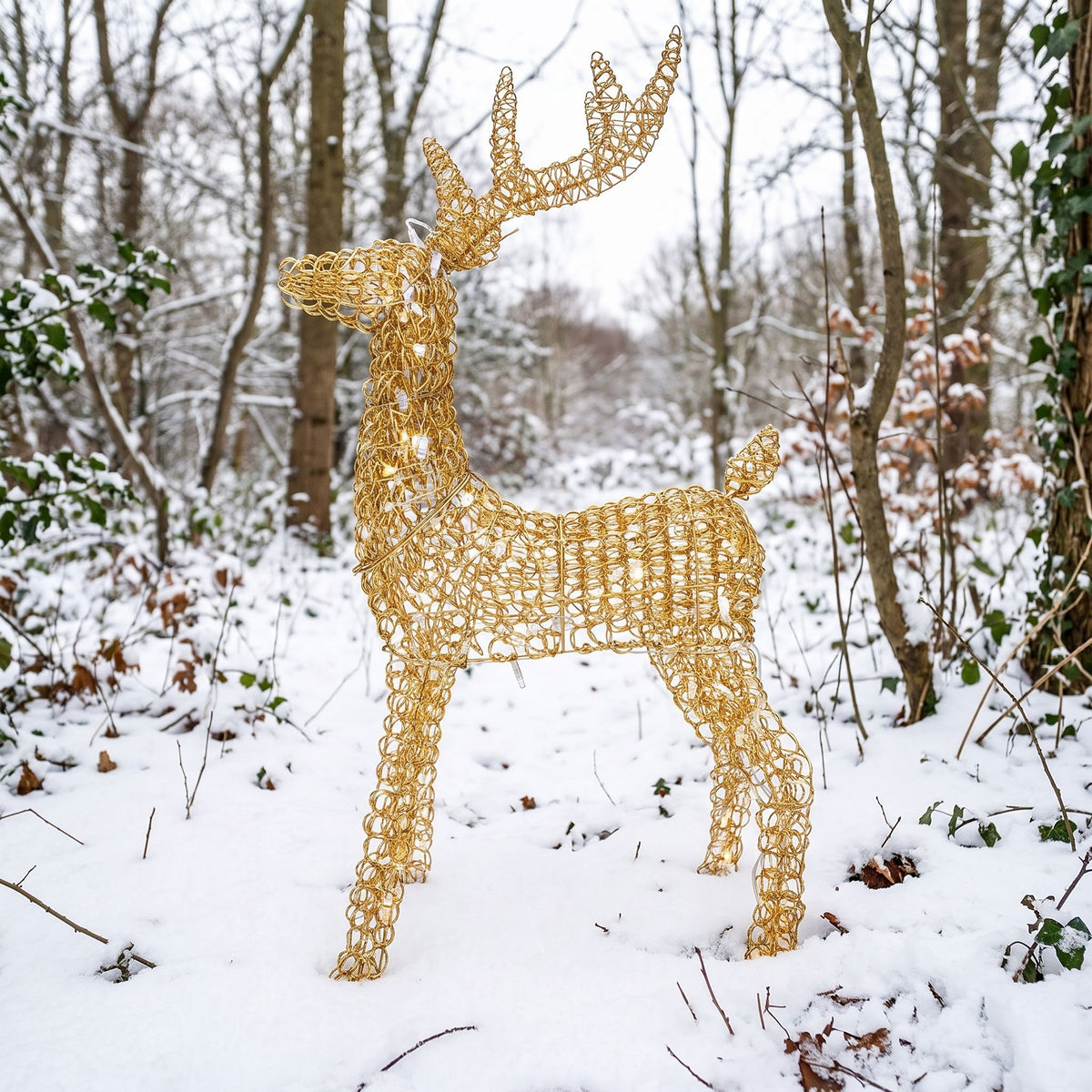 Pre-Lit Christmas Gold Curly Standing Stag 1m with 720 Warm White LED Micro-Lights