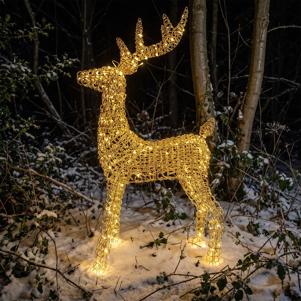 Pre-Lit Christmas Gold Curly Standing Stag 1m with 720 Warm White LED Micro-Lights