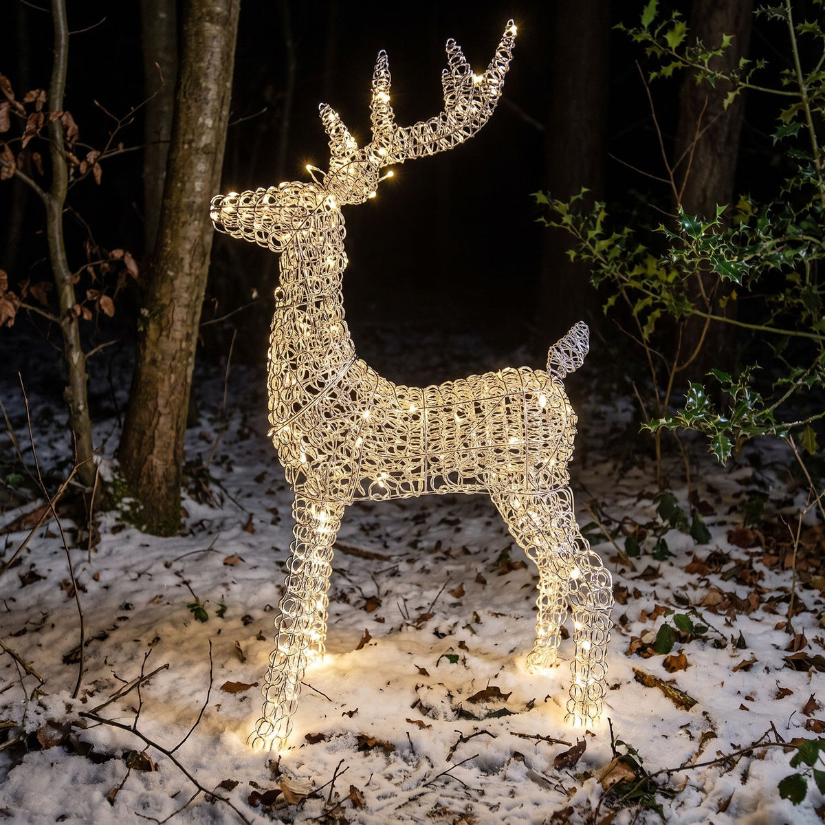 Pre-Lit Christmas Silver Curly Standing Stag 1m with 720 Warm White LED Micro-Lights