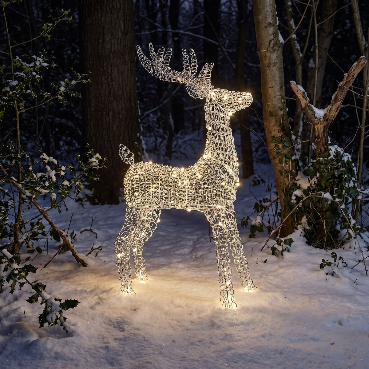Pre-Lit Christmas Silver Curly Standing Stag 1m with 720 Warm White LED Micro-Lights