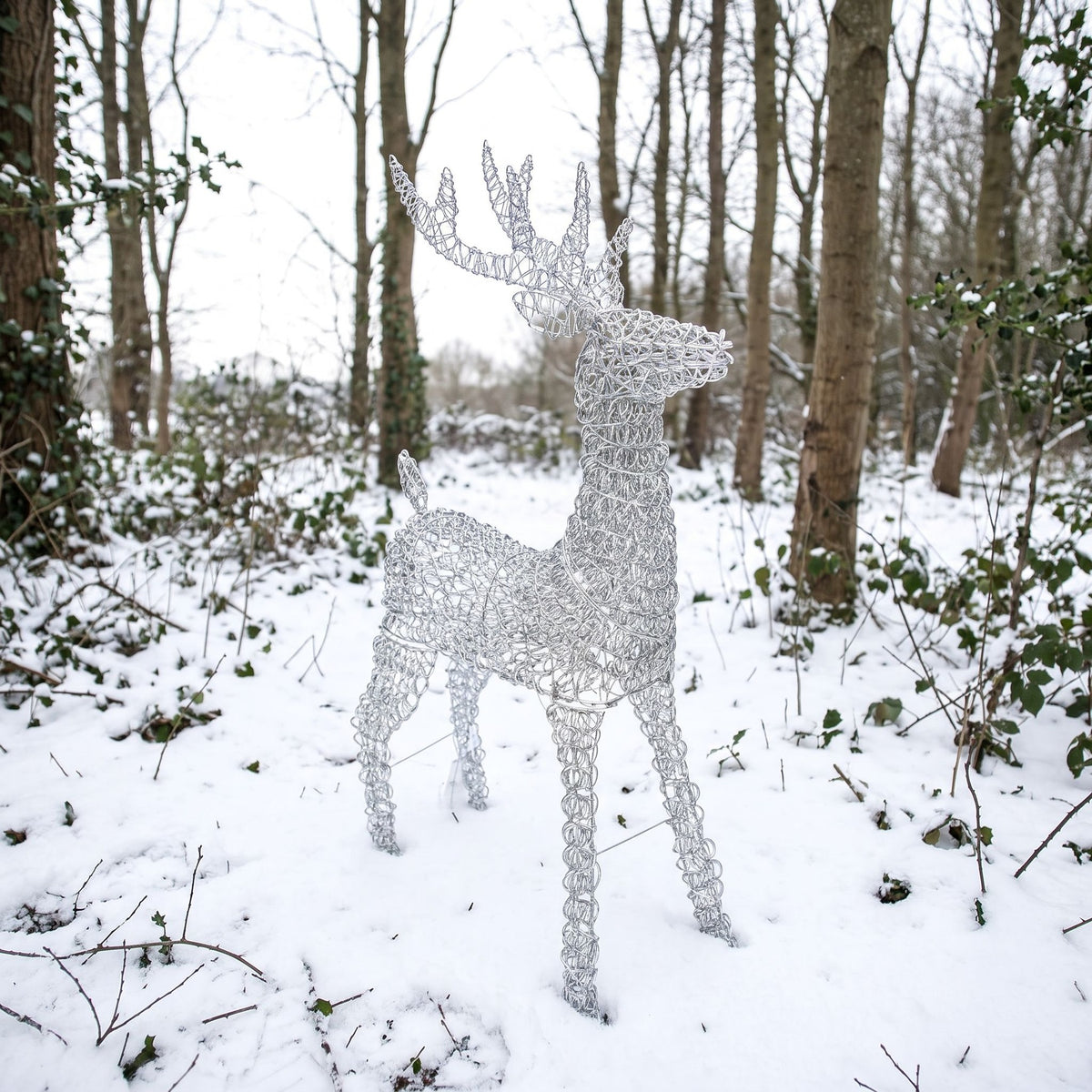 Pre-Lit Christmas Silver Curly Standing Stag 1m with 720 Warm White LED Micro-Lights
