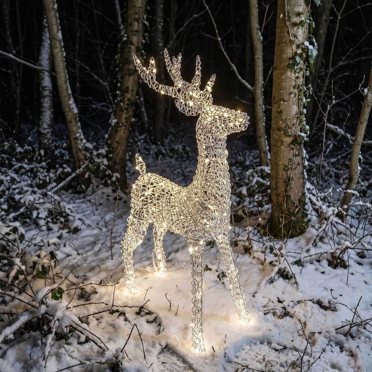 Pre-Lit Christmas Silver Curly Standing Stag 1m with 720 Warm White LED Micro-Lights