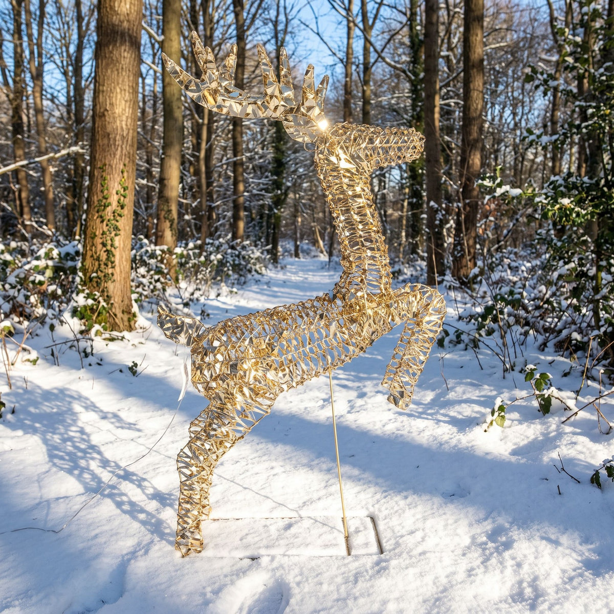 Pre-Lit Christmas Gold Laser Leaping Deer 1.2m with 960 Warm White LED Micro-Lights
