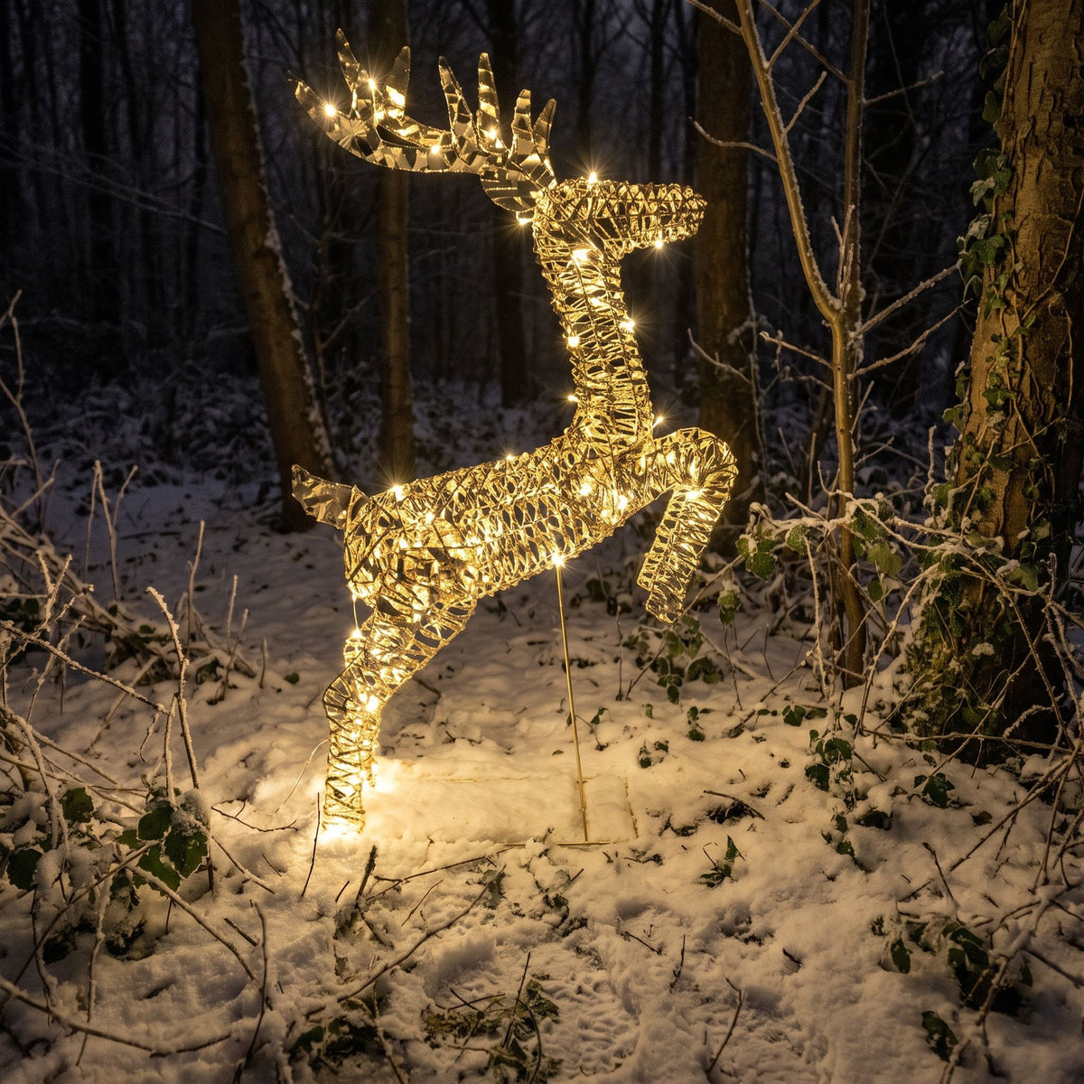 Pre-Lit Christmas Gold Laser Leaping Deer 1.2m with 960 Warm White LED Micro-Lights