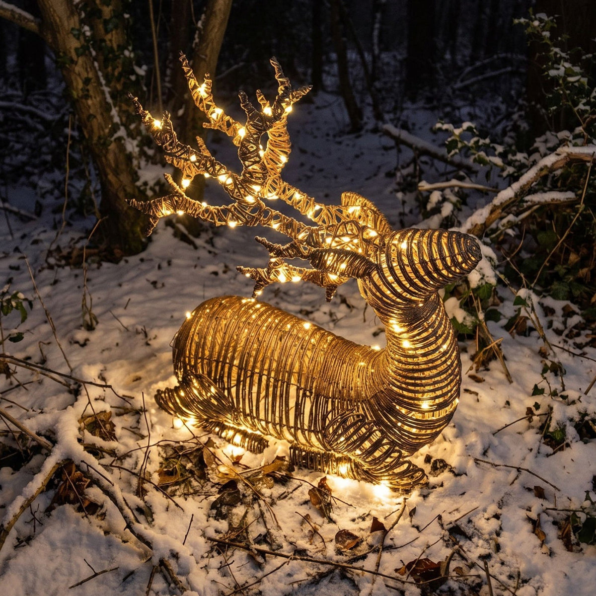 Pre-Lit Christmas Brown Vine Weave Sitting Stag 90cm with 960 Warm White LED Lights