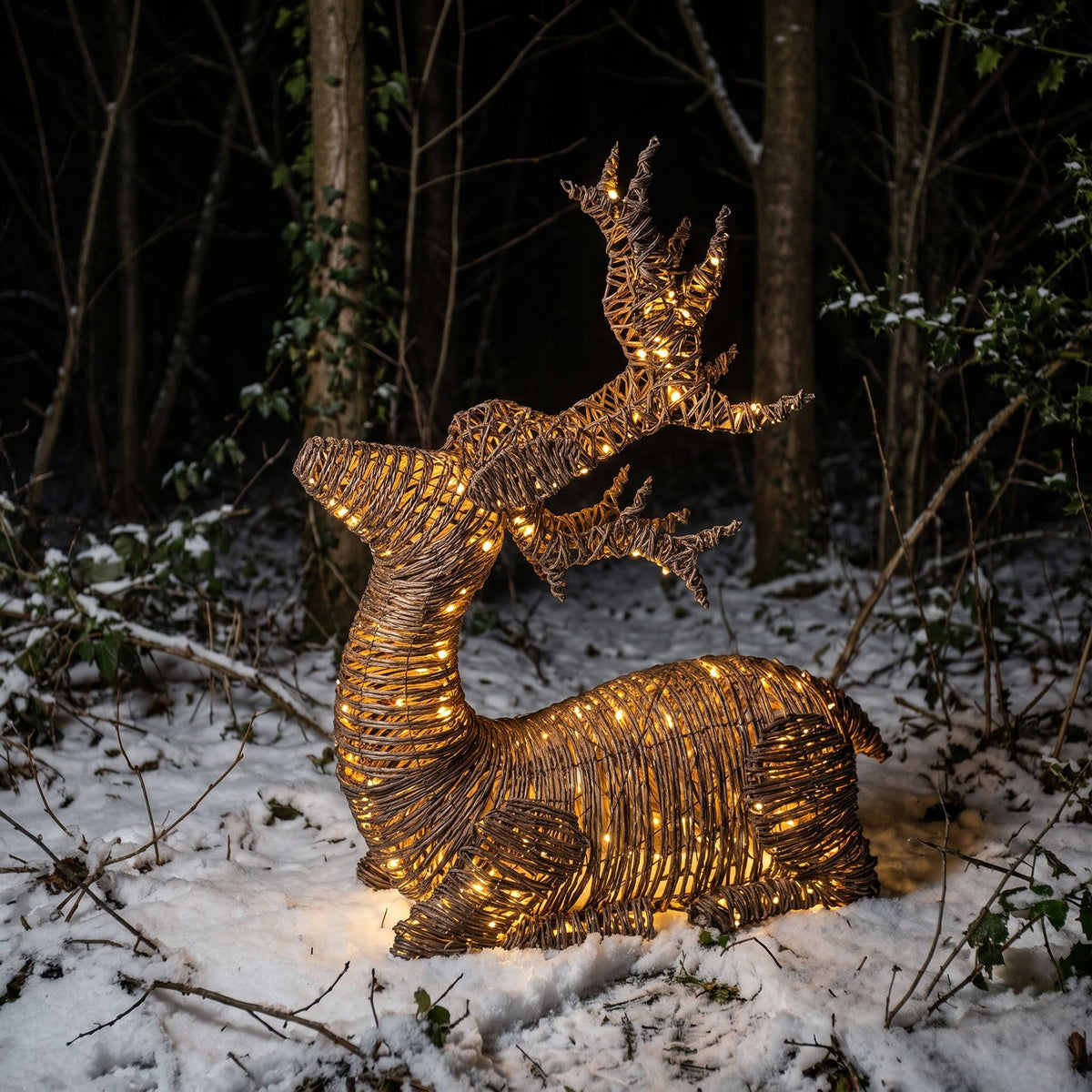 Pre-Lit Christmas Brown Vine Weave Sitting Stag 90cm with 960 Warm White LED Lights