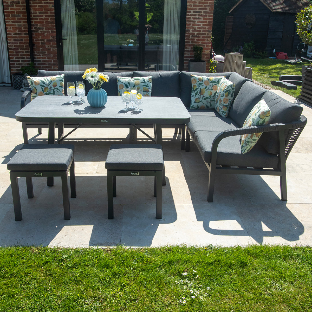 Bracken Outdoors Antigua Rope Aluminium L Shape Corner Garden Sofa Set with Dining Table