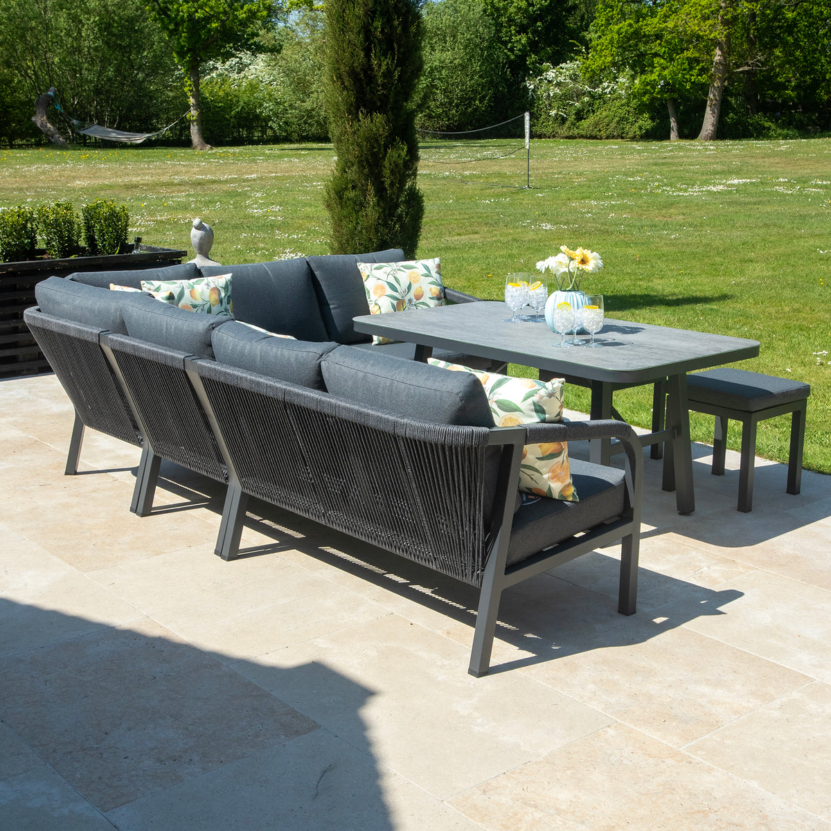 Bracken Outdoors Antigua Rope Aluminium L Shape Corner Garden Sofa Set with Dining Table