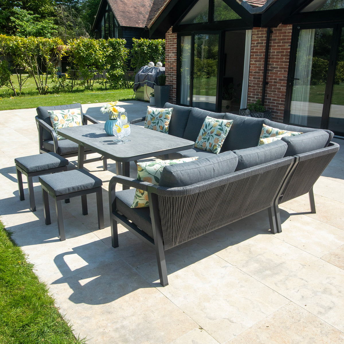Bracken Outdoors Antigua Rope Aluminium L Shape Corner Sofa Set with Dining Table and Chair