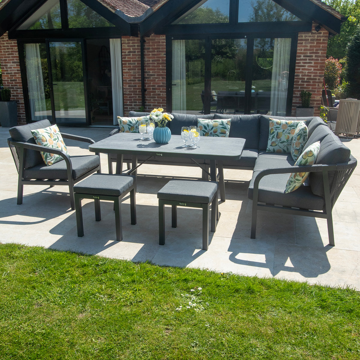 Bracken Outdoors Antigua Rope Aluminium L Shape Corner Sofa Set with Dining Table and Chair