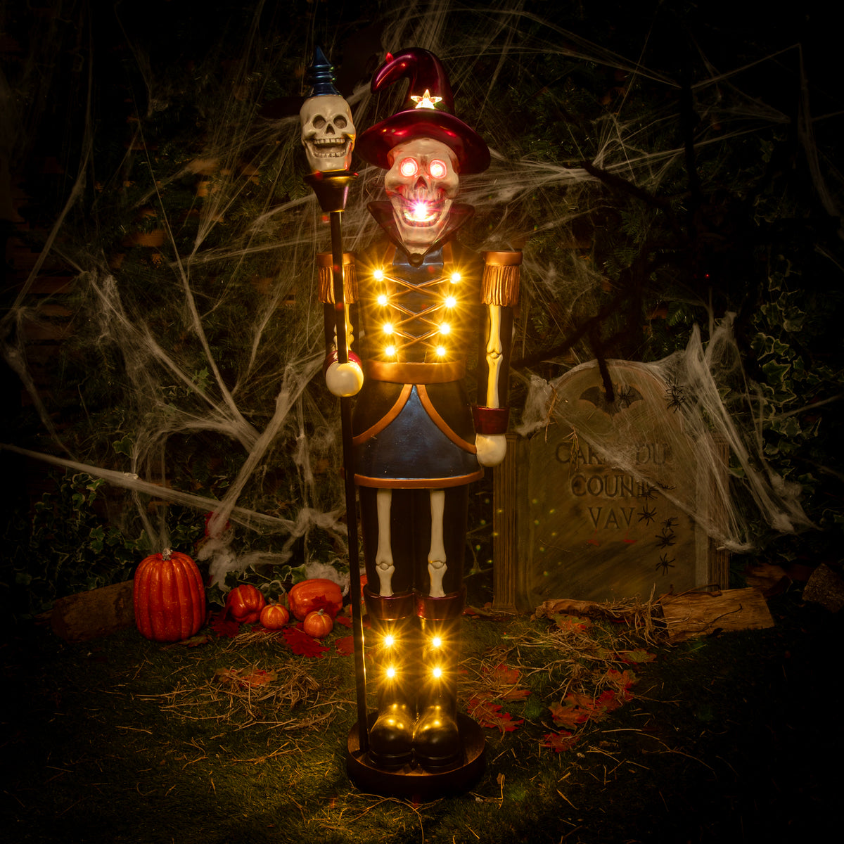 4ft Blue and Purple Halloween Nutcracker Skeleton with Skull Staff and LED Lights