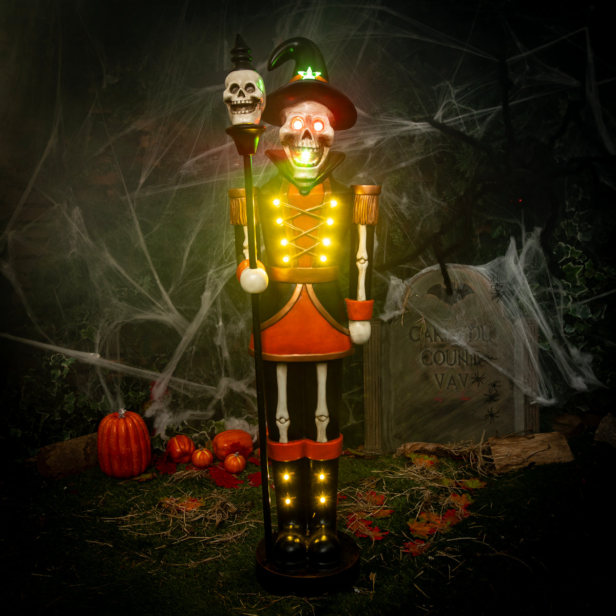 4ft Halloween Skeleton Nutcracker Orange and Black with Skull Staff and LED Lights
