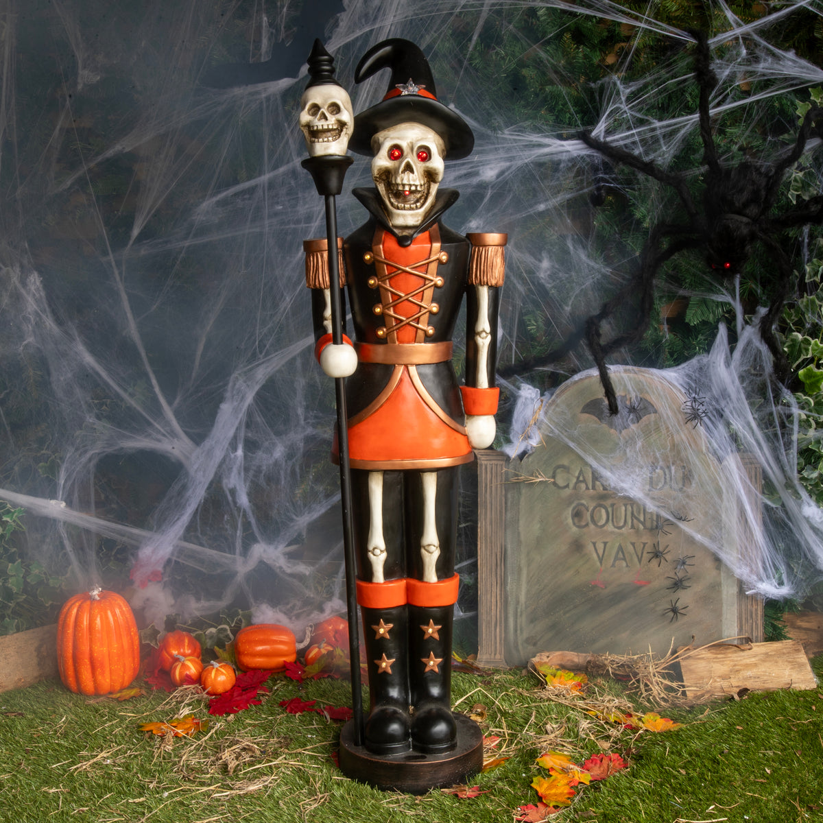 4ft Halloween Skeleton Nutcracker Orange and Black with Skull Staff and LED Lights