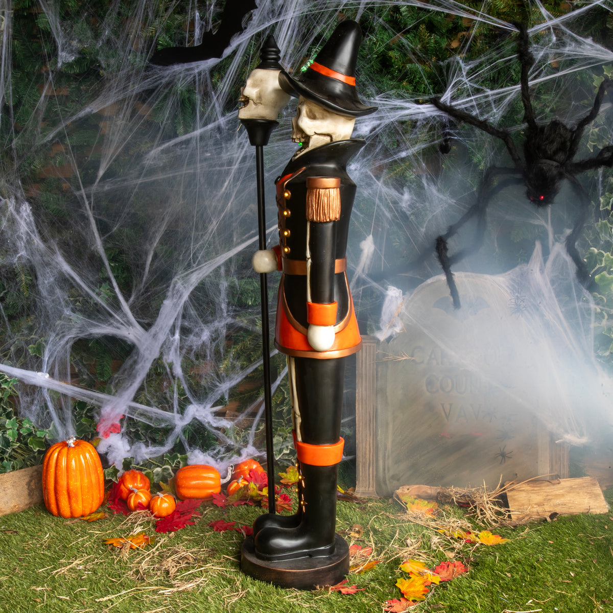 4ft Halloween Skeleton Nutcracker Orange and Black with Skull Staff and LED Lights