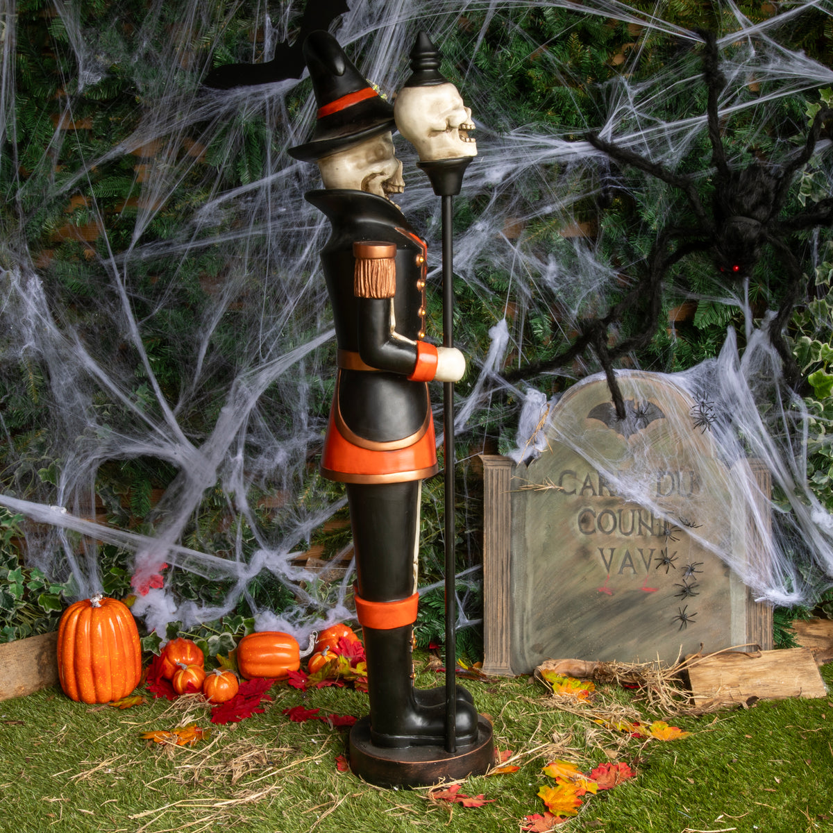 4ft Halloween Skeleton Nutcracker Orange and Black with Skull Staff and LED Lights