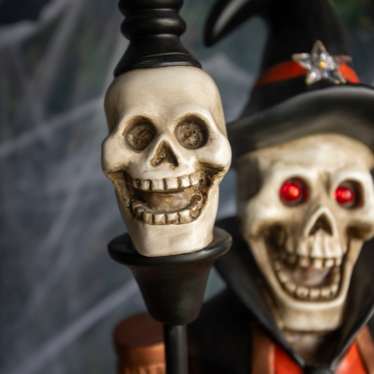 4ft Halloween Skeleton Nutcracker Orange and Black with Skull Staff and LED Lights