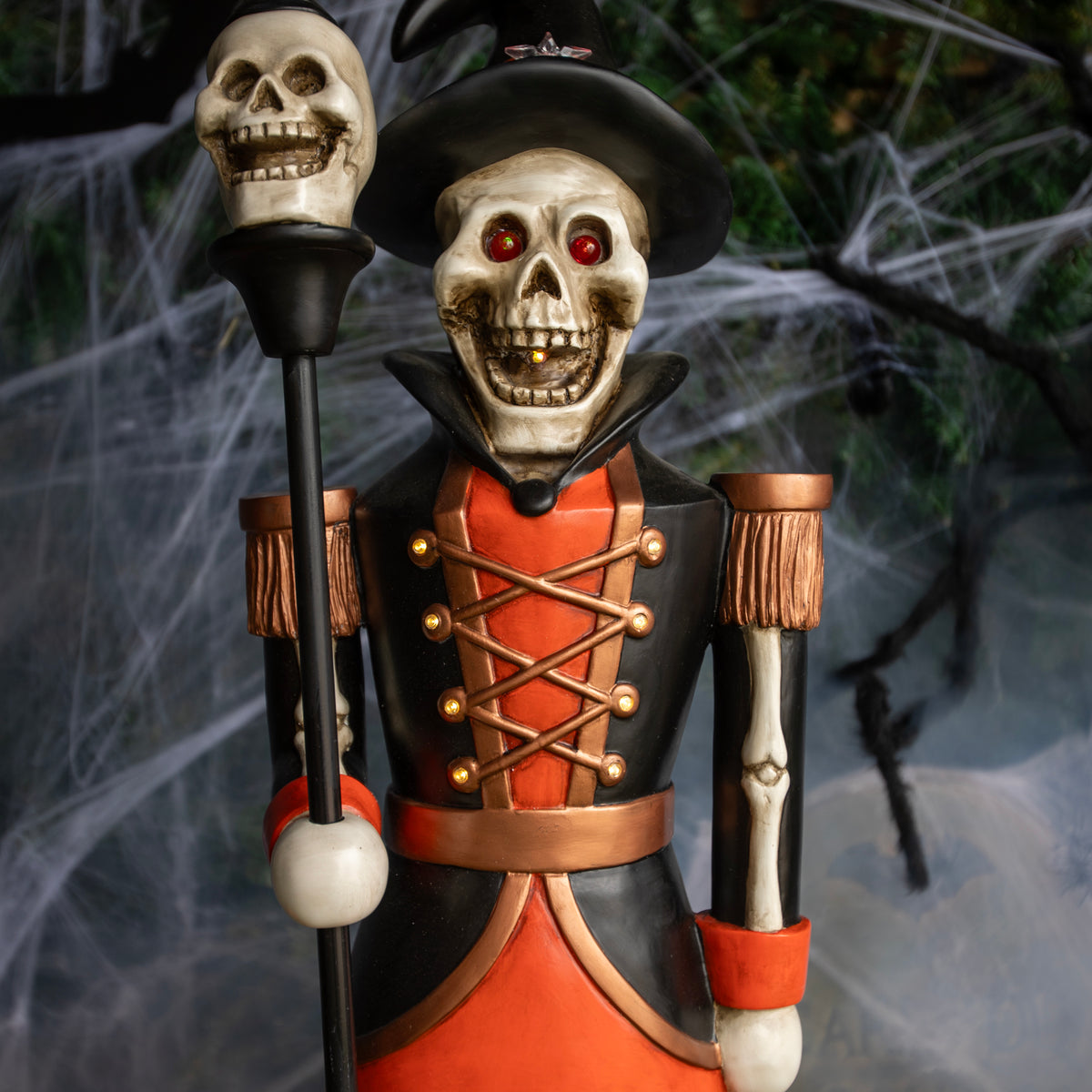 4ft Halloween Skeleton Nutcracker Orange and Black with Skull Staff and LED Lights