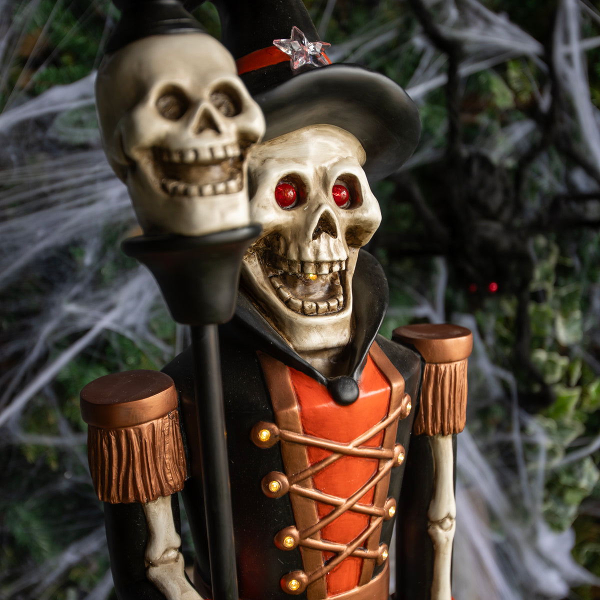 4ft Halloween Skeleton Nutcracker Orange and Black with Skull Staff and LED Lights
