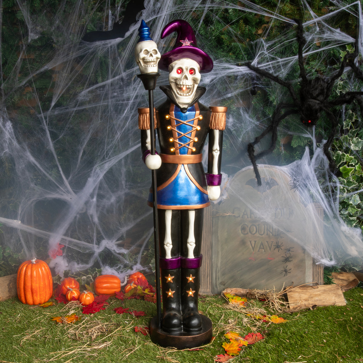 4ft Blue and Purple Halloween Nutcracker Skeleton with Skull Staff and LED Lights