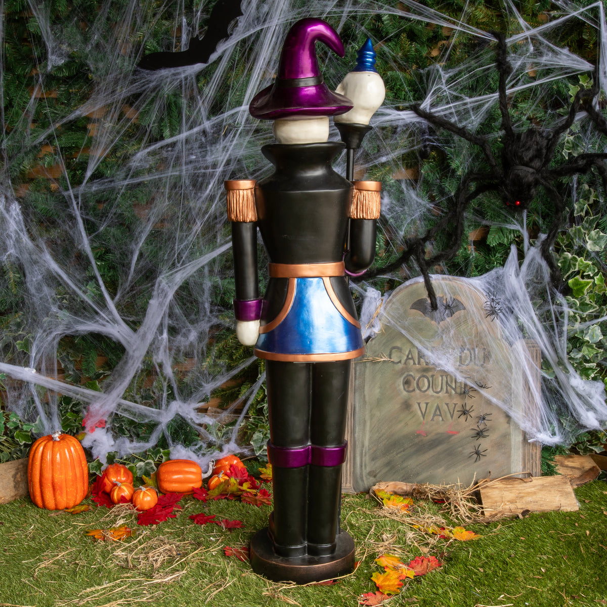 4ft Blue and Purple Halloween Nutcracker Skeleton with Skull Staff and LED Lights